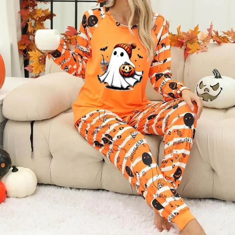 Women Halloween Pajama Set Casual Pumpkin Loungewear Set Long Sleeve Sleepwear 6XDA