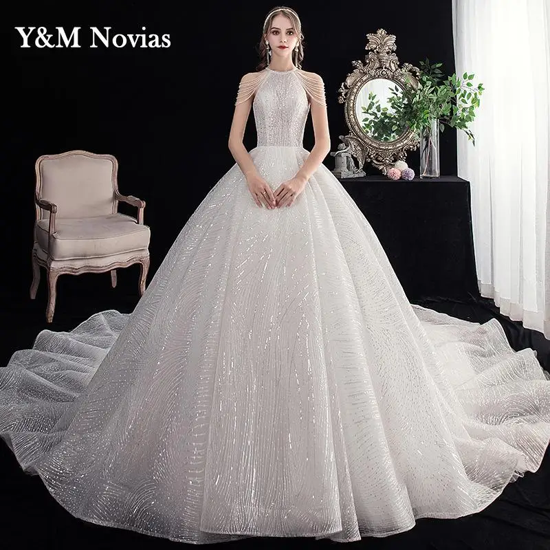 Y & m glitter luxo rendas doce elegante cabresto vestido de noiva noiva 2022 vestido longo trem lantejoulas grânulo noiva princesa plus size