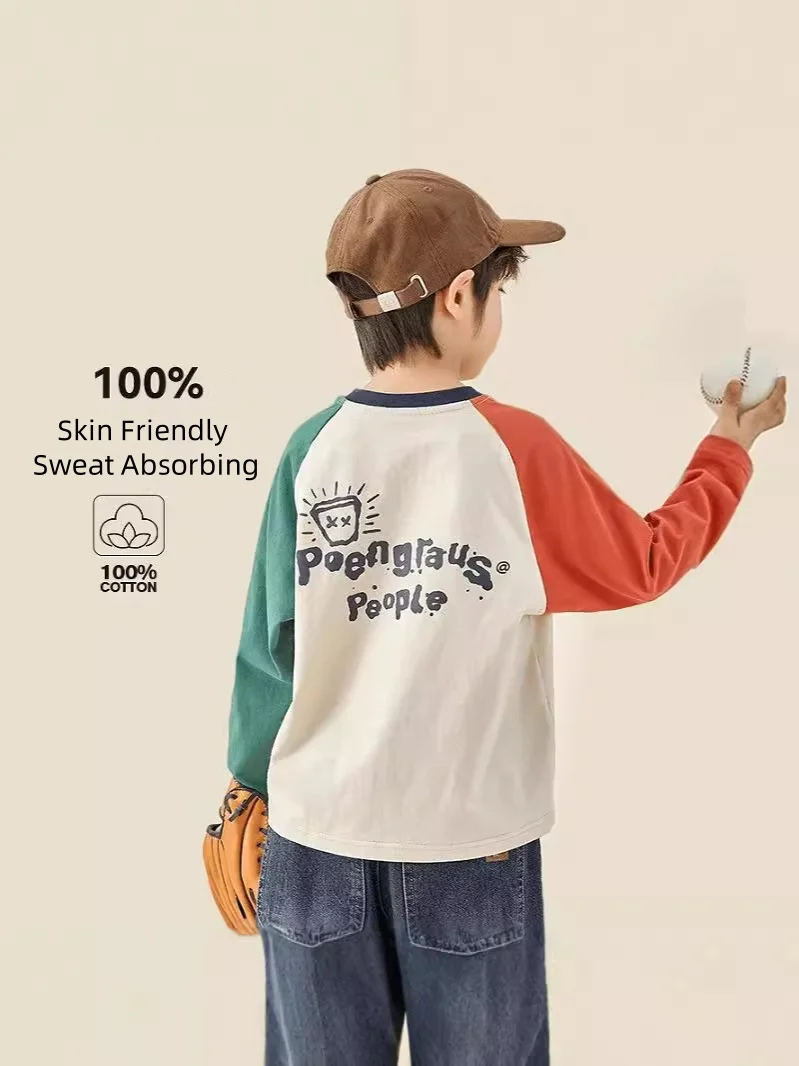 

Children Pure Cotton T-shirt Spring Autumn Boys Shoulder Length Long Sleeved Casual Middle Large Children Hoodie Top 100% Cotton