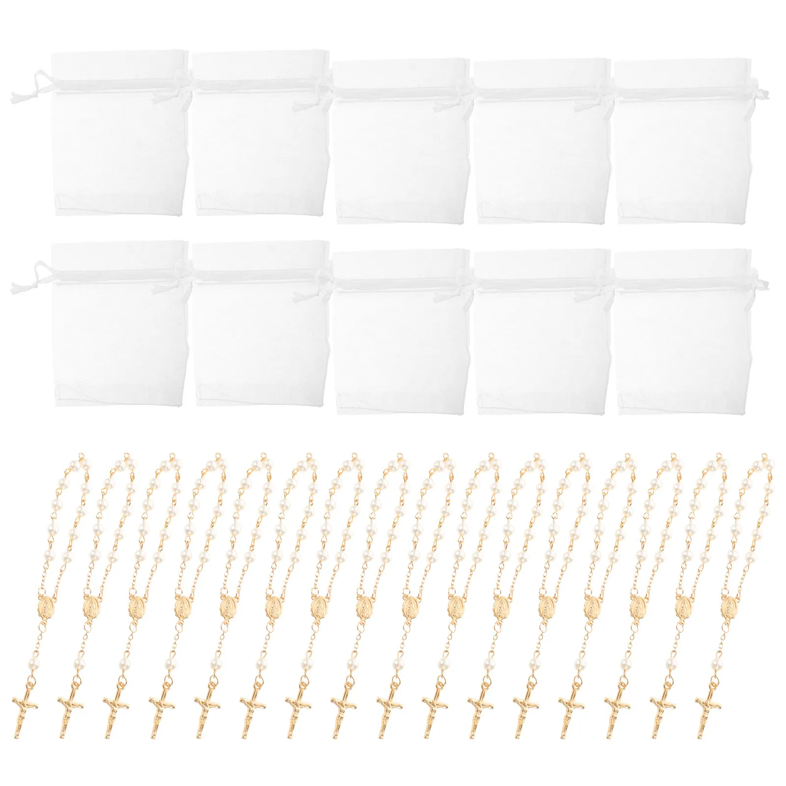 

Набор из 1 комплекта: розарий с крестом, браслеты из искусственного жемчуга, мини-мешочки из органзы для подарков на крещение, причастие, религиозные сувениры.