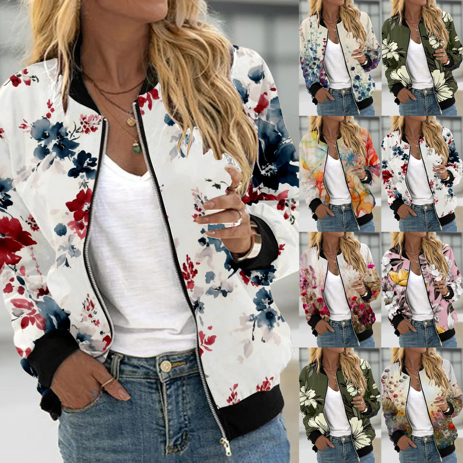 

Womens Bomber Jackets Casual Floral Print Lightweight Lapel Zip Up Jackets For Women Fall Winter Vintage Sport Coat With Pockets