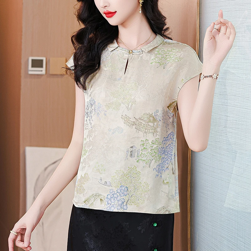 

2025 Vintage Florla Embroidery Natural Silk Satin Tops and Blouses Summer Casual Office Lady Print Shirt Elegant Bodycon Blouses