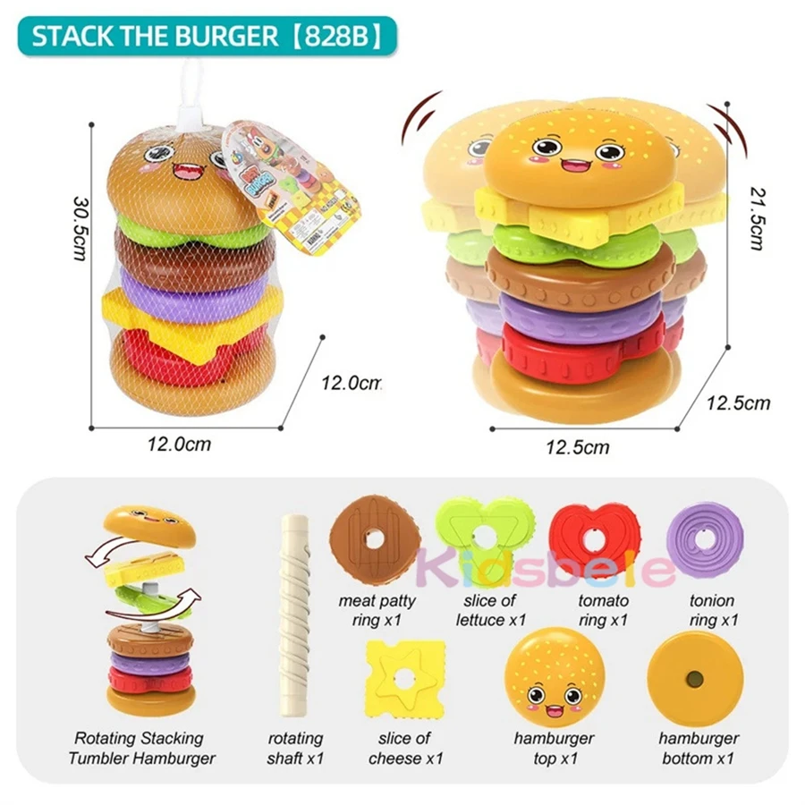 Toddler Educational Burger Stacker Toy – Sensory Learning, Matching Game, Motor Skill Development, Fun Pretend Play Food Set