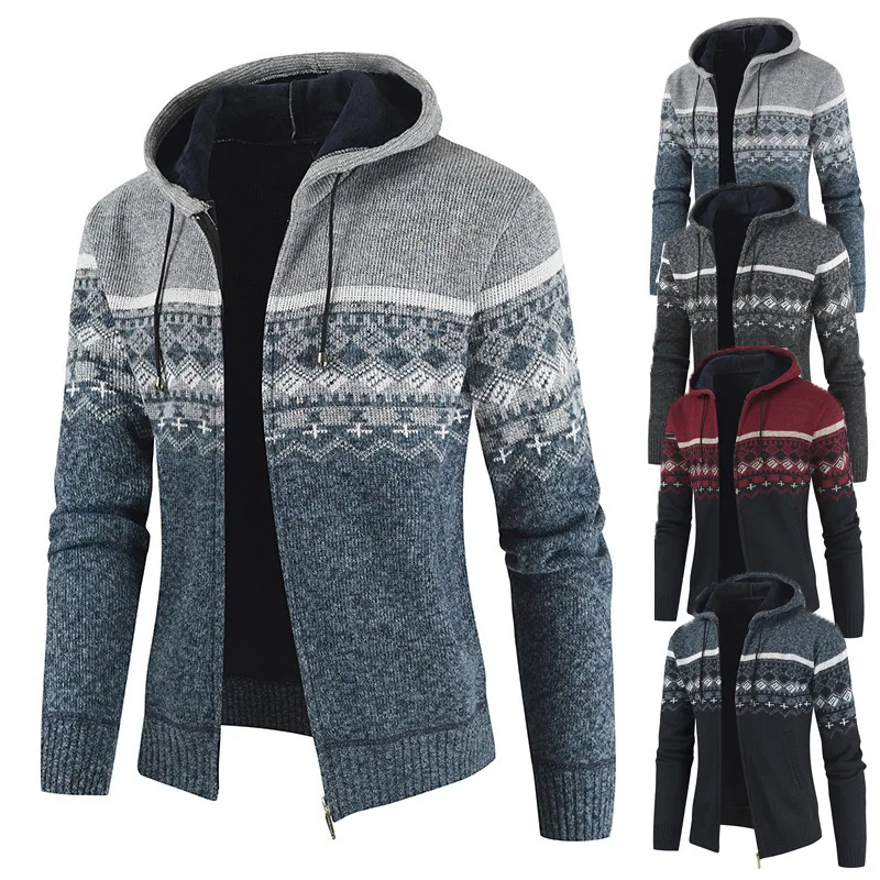 Autumn and Winter Foreign Trade New Men's Color Matching Hooded Fleece Cardigan Sweater Fashion Knitted Sweater Men's