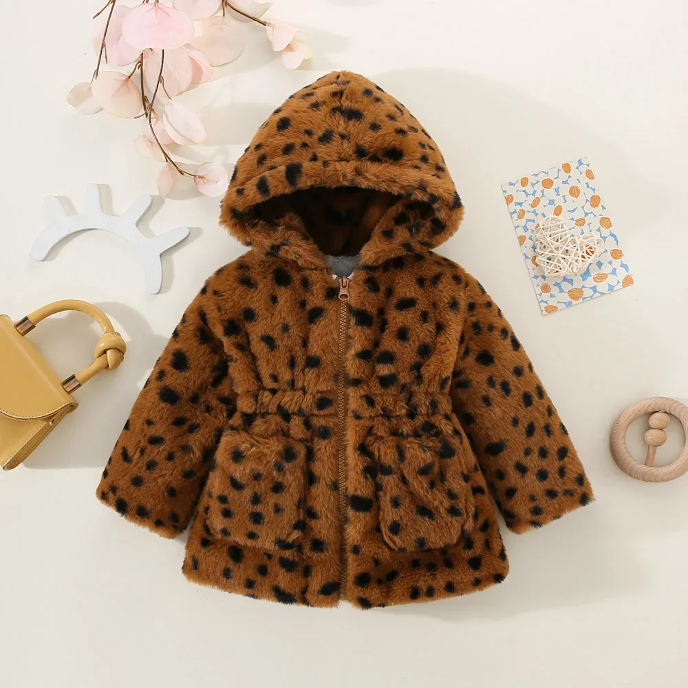 Winter Baby Girl Long Sleeve Plush Coat Hooded Fur Thickened Cotton Coat Children\'s Warm Fashion Leopard Print Baby Clothing