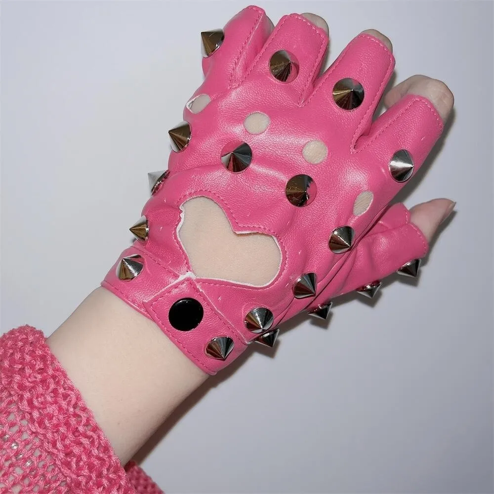 Motor Fingerless Rivet Gloves PU Leather Hip-Pop Half-palm Gloves Leopard Print Gothic Patent Leather Gloves Disco Dancing
