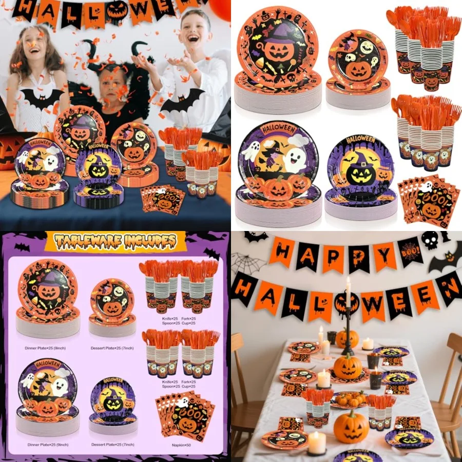

350 PCS Halloween Party Supplies Set with Disposable Plates Dessert Plates Napkins Cups Plastic Cutlery for 50 Guests Ideal for