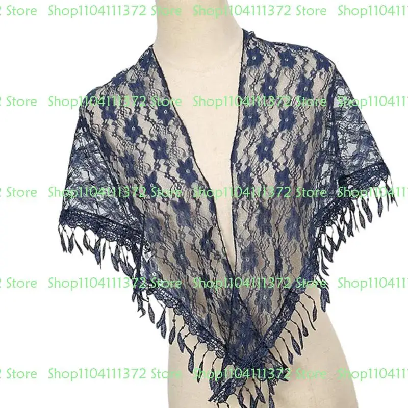 

P9FE Popular Spring Lace Headscarf Tassels Shoulder Wrap Triangular Shawl for Women