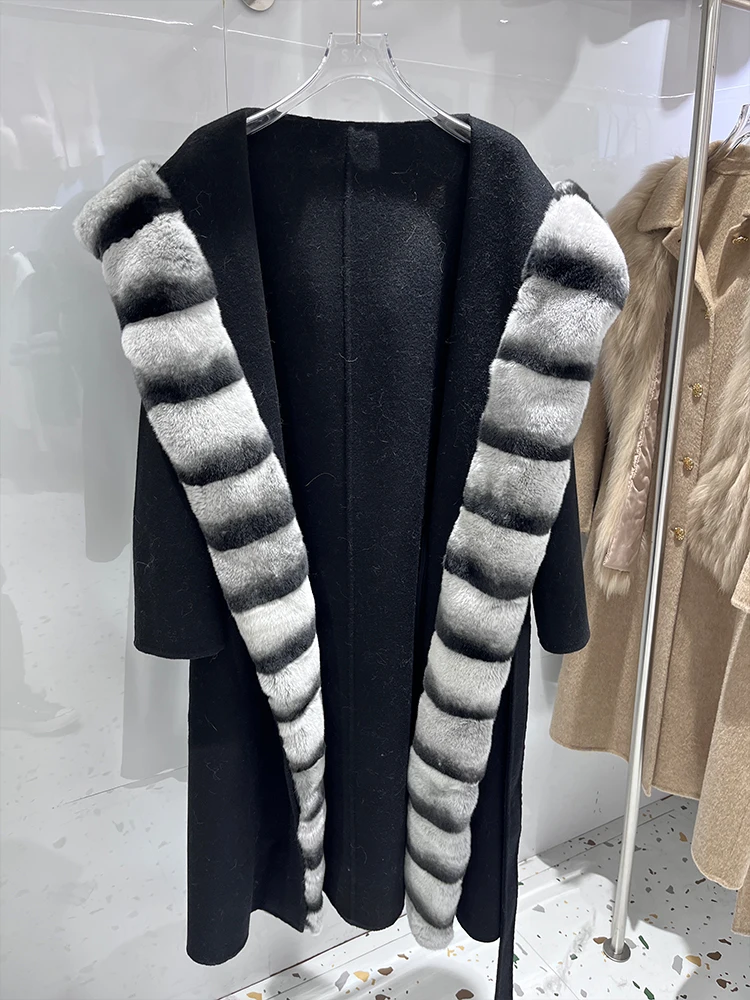 Nuovo arrivo inverno femminile vera pelliccia cappuccio cappotto naturale pelliccia di coniglio Rex lana misto lana spessa calda tuta sportiva lunga cintura casual