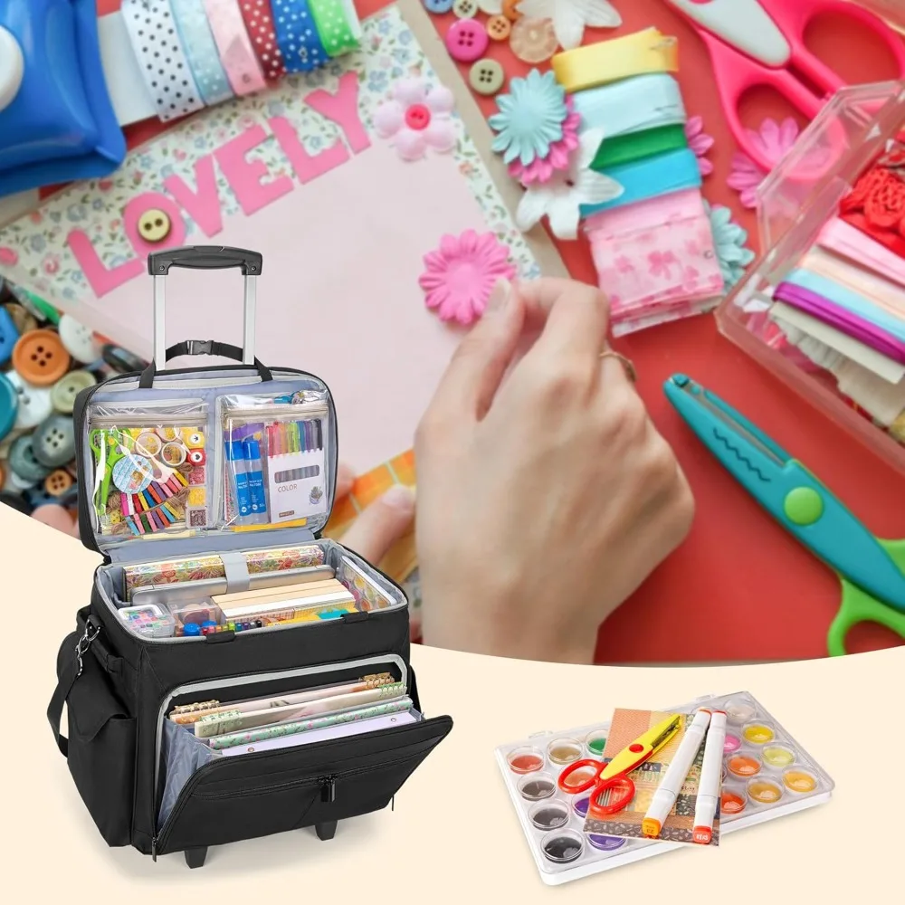 Rolling Scrapbook Tote with Expandable File Pocket, Large Craft Organizer, Detachable Trolley for Art Supplies view 4