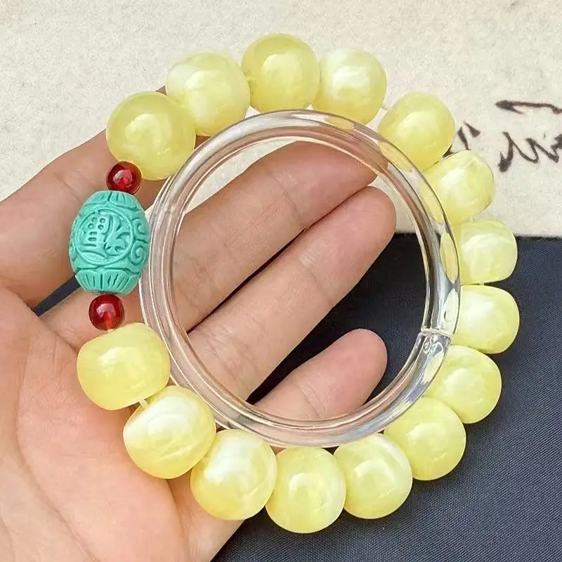 white , Yao Hua yellow amber disc bead bracelet, vintage 8*12mm, gold porcelain apple beads 5