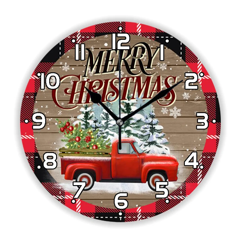 Holiday Buffalo Plaid with Red Truck Merry Christmas Wall Clock for Living Room Christmas Kitchen Big Wall Watch Home Decor Gift