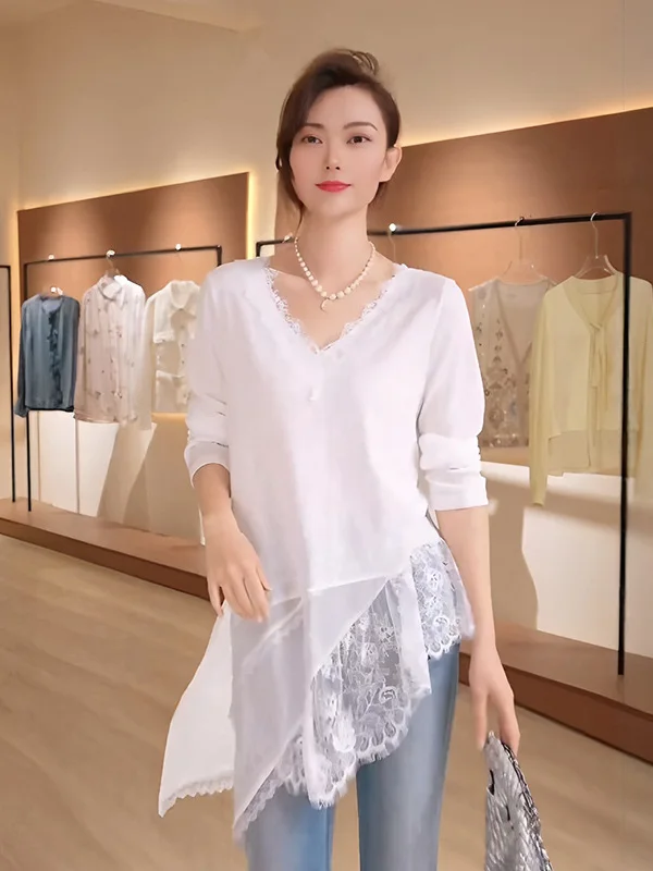 plus Size Women's Irregular Lace Splicing V-Neck Long Sleeve T-Shirt Autumn New Style Fat MM Butt Cover Design Sense Top
