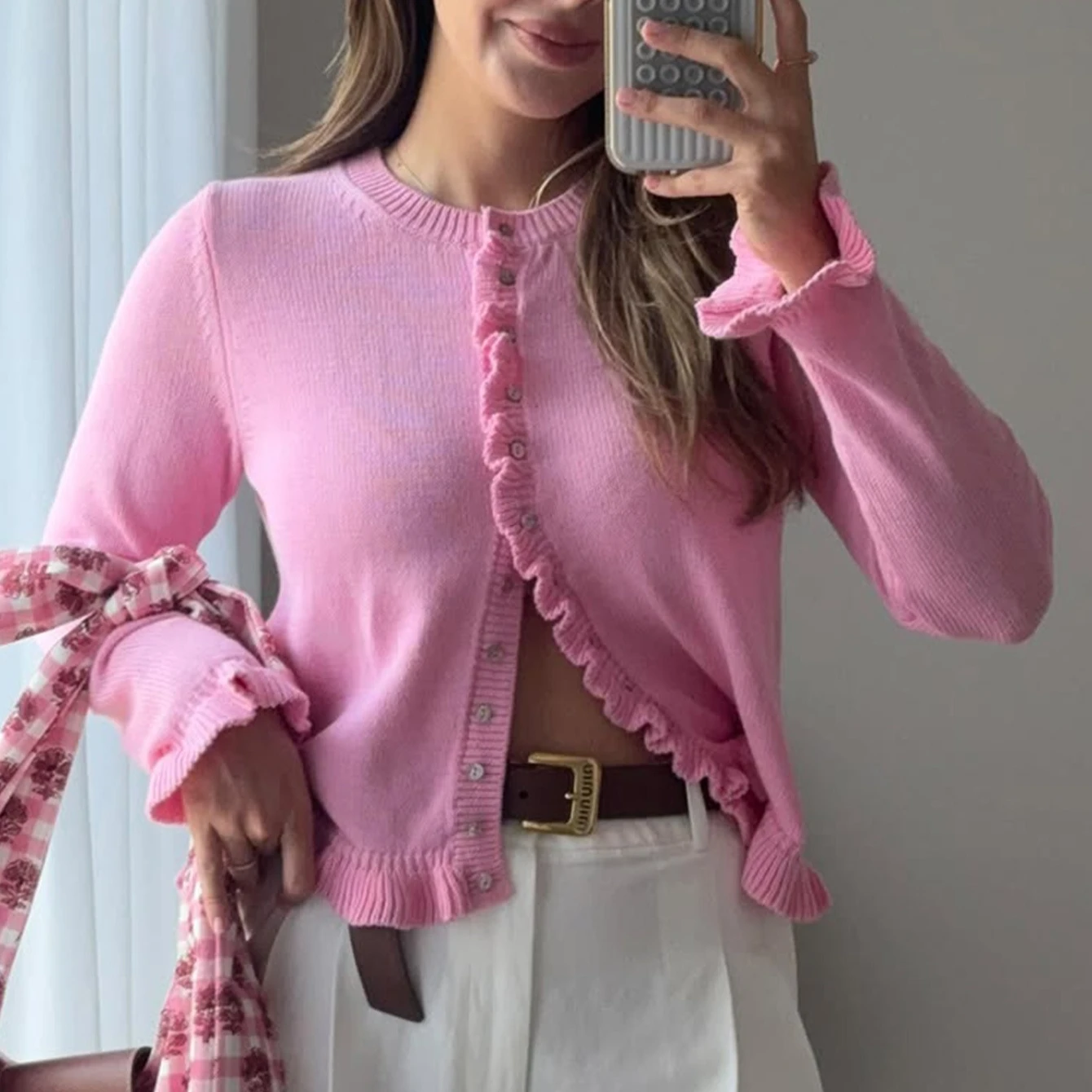 

FW25 Women's Casual Vacation Solid Color Knit Top, Long-Sleeve Button-Detail, Soft Knit for 25-40