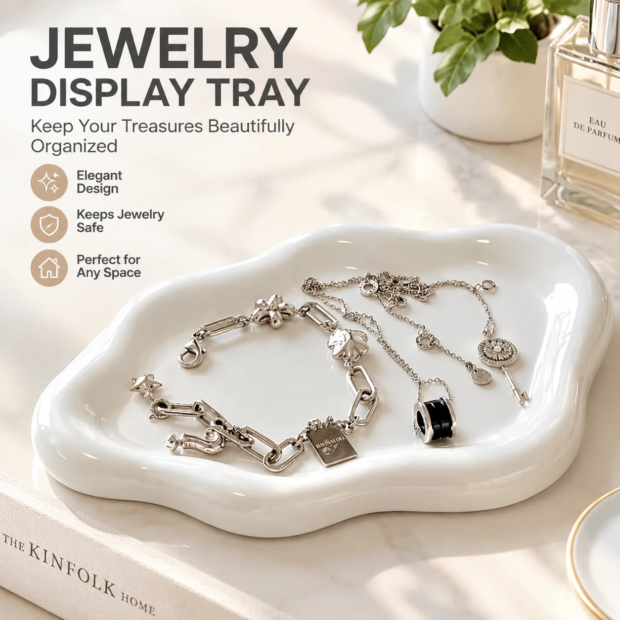 Minimalist Electroplated Jewelry Display Tray White Silver Plate Organizer Portable Decor Dish