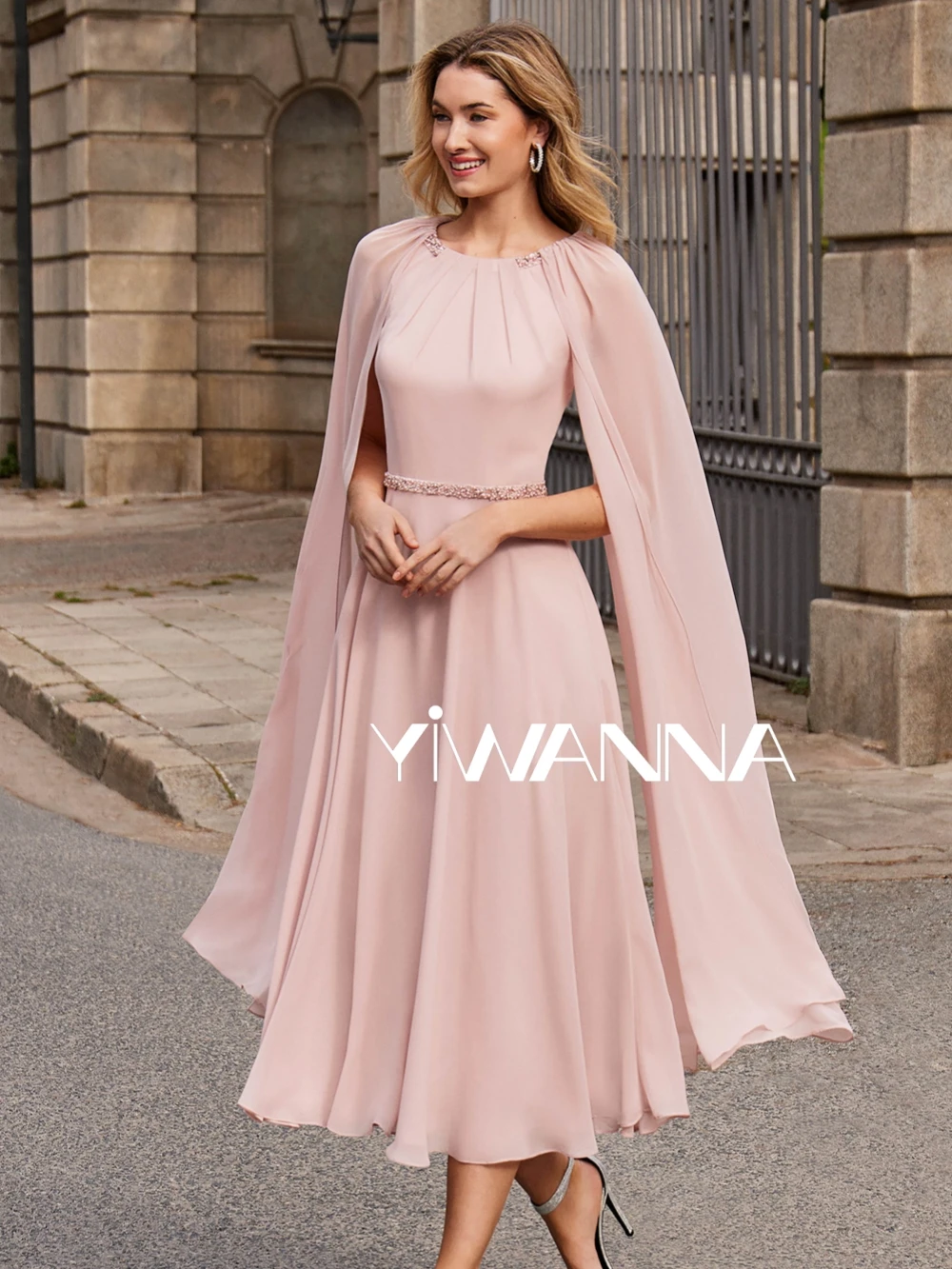 

Modest Cap Sleeve Mother Of The Bride Dress For Wedding Sparkly Beads Prom Dress 2024 Elegant Chiffon Tea-length Evening Gown