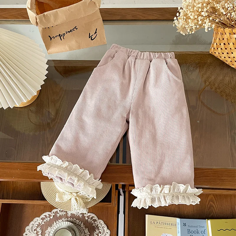 

Children's Velvet Children's Pants 2025 Autumn and Winter New Children's Korean Version of Girls' Lace Velvet Pants