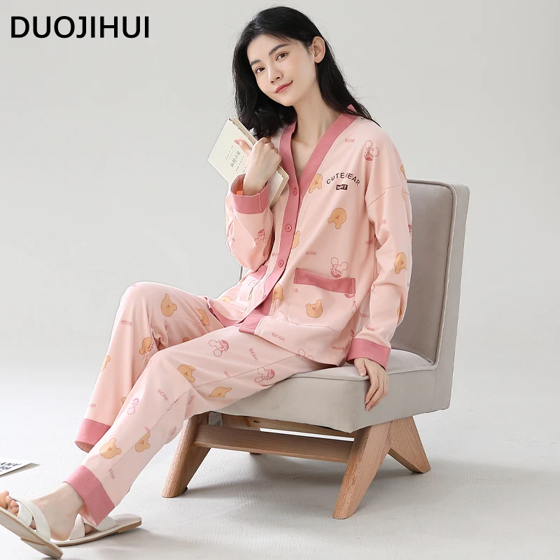 DUOJIHUI V-neck Cardigan Loose Pant Casual Home Pajamas for Women Autumn New Basic Simple Sweet Fashion Print Female Pajamas Set