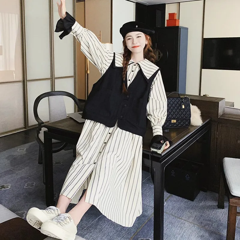 

Peter Pan Collar Long Sleeve Stripe Shirt Dress and Black Vest Two Piece Sets 2023 Autumn Women Elegant Loose Sweet Suits 8036