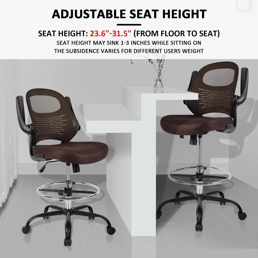 Sedia da disegno alta Sedia da scrivania in piedi con braccioli ribaltabili, sedia da ufficio ergonomica ad altezza regolabile con anello poggiapiedi alto S