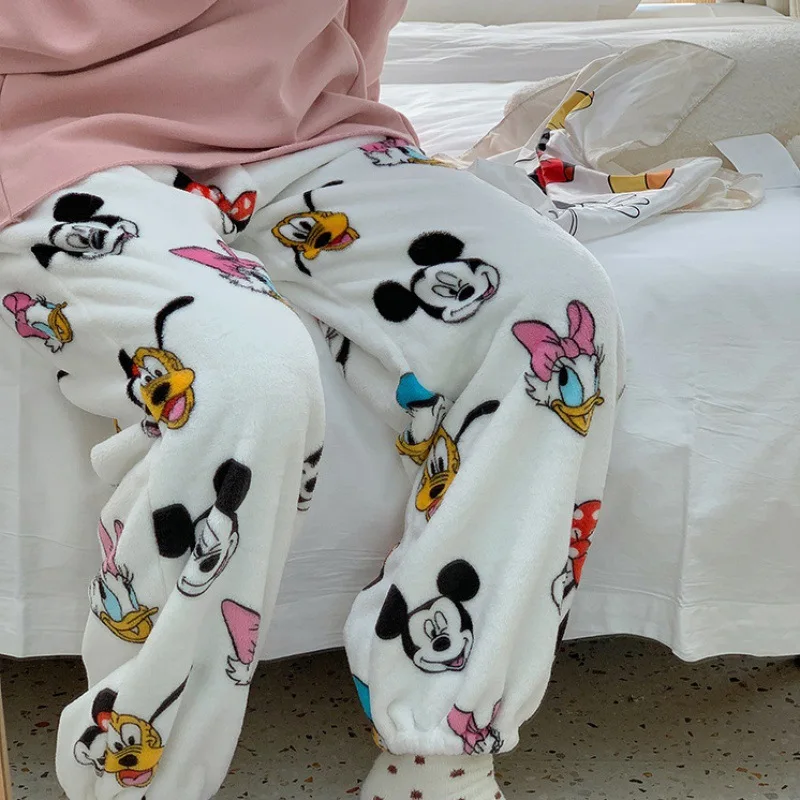 New Anime Disney Pajama Pants Kawaii Mickey Mouse Plush Home Pants Cartoon Minnie Coral Velvet Warm Leisure Pajama Pants