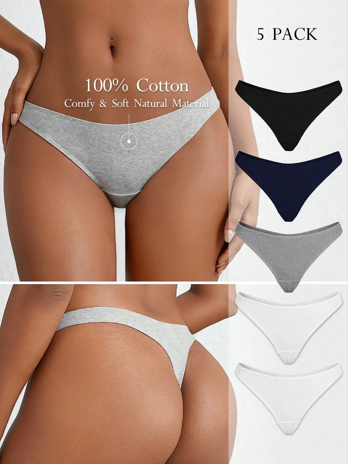 

5 Pack Women's 100% Cotton Low Waist Thongs - Soft Comfortable Breathable Everyday Underwear