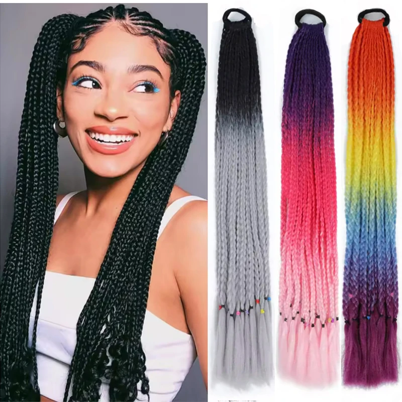 

1 шт., 12 прядей, косички для наращивания волос с резинками, 24 дюйма, радужные плетеные синтетические шиньоны, аксессуары для волос «конский хвост»