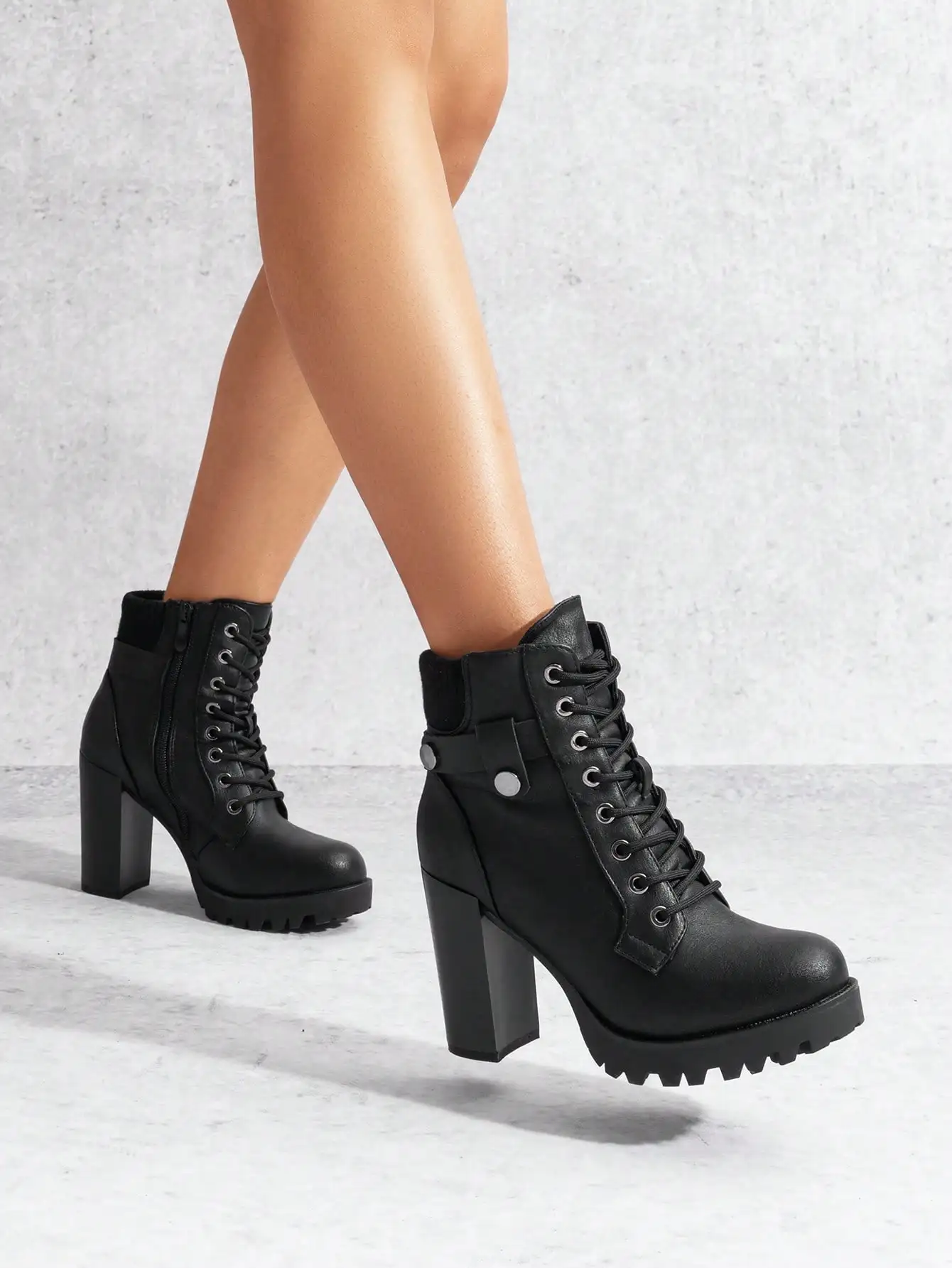Women's Lace Up Combat Ankle Boots High Chunky Heel Fashion Heeled Booties Shoes Black Boots Ankle Boots