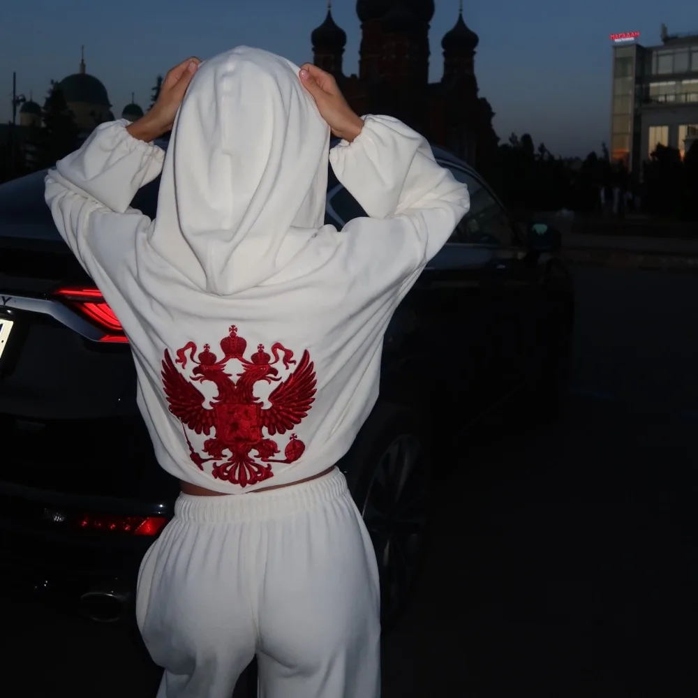 Street Trend Back Embroidered Hoodie Pants Suit Autumn and Winter Women Simple Loose Thick Warm Sports Zipper Jacket Pants 2Pcs