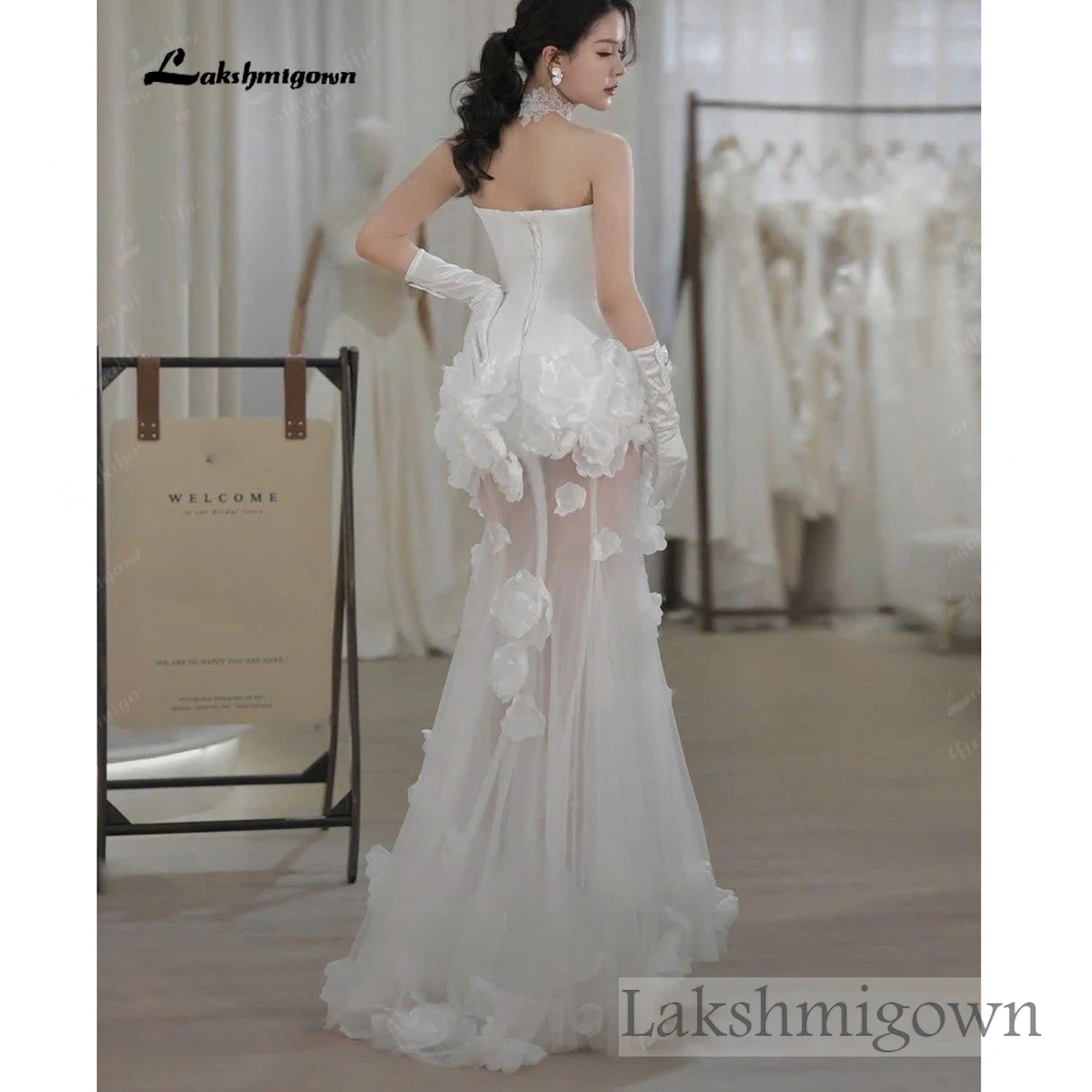 Lakshmigown Strapless Corset Wedding Dress with 3D Floral Appliqués Modern Sheer Skirt Bridal Gown Customized