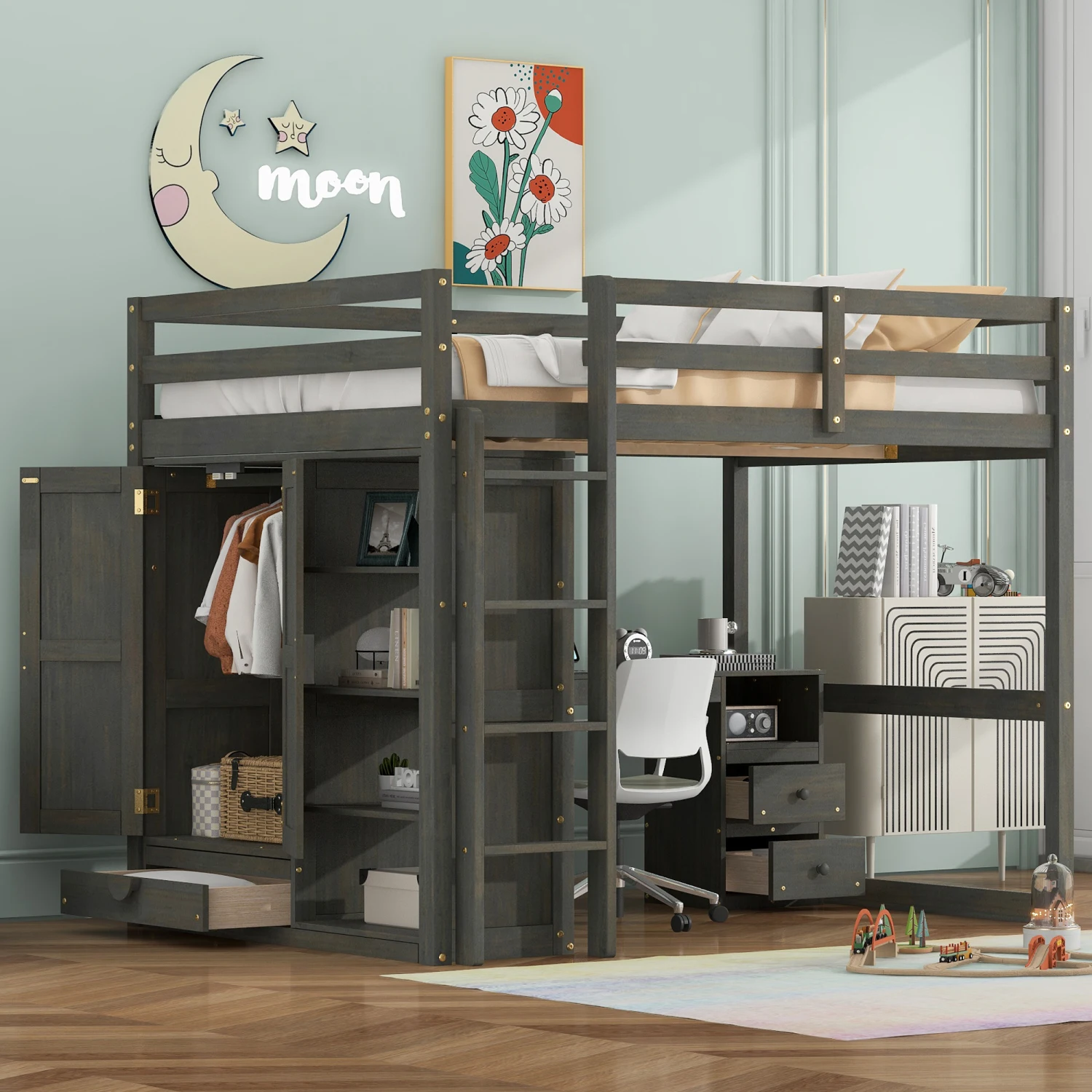 

Gray Wood Full Size Loft Bed with Wardrobe, Desk, Shelves, Drawers & Storage