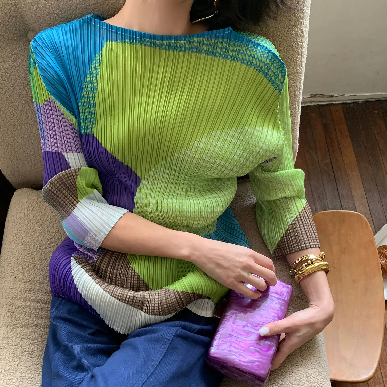 Fashion Contrasting T-shirt Pleated New High-end Summer Design Top