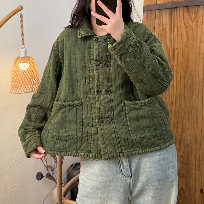 2025 New Arrival Winter Women Casual Double Breasted Long Sleeves Cotton Parkas Turn-down Collar Warm Thickened Coats H124