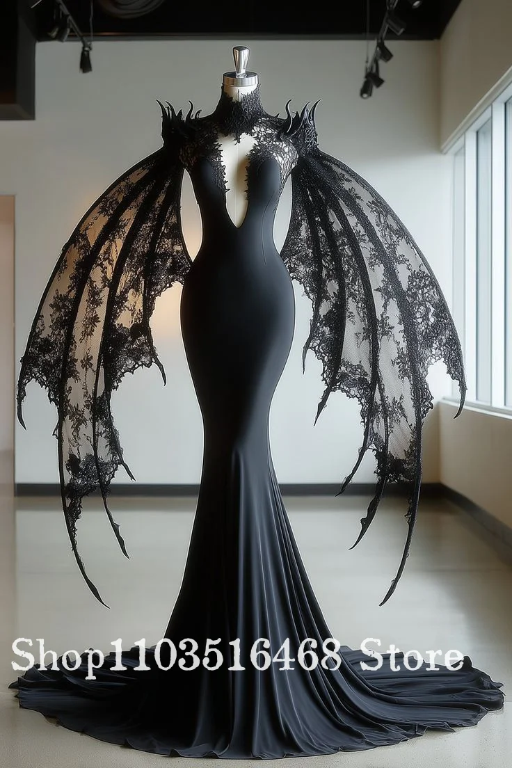 Maßgeschneidertes schwarzes Gothic-Spitzenhochzeitskleid mit V-Ausschnitt, Meerjungfrau-Brautkleid, Abendkleid für besondere Anlässe, Verlobungskleid
