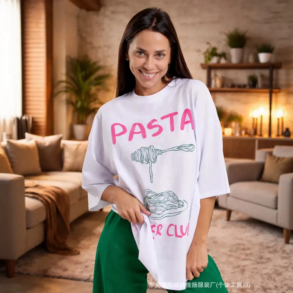 Cute Food Lover White Oversized Tee Hot Pink Pasta Lover Club Sweet Fun Graphic Top Loose Soft 100% Cotton Brunch Street T Shirt