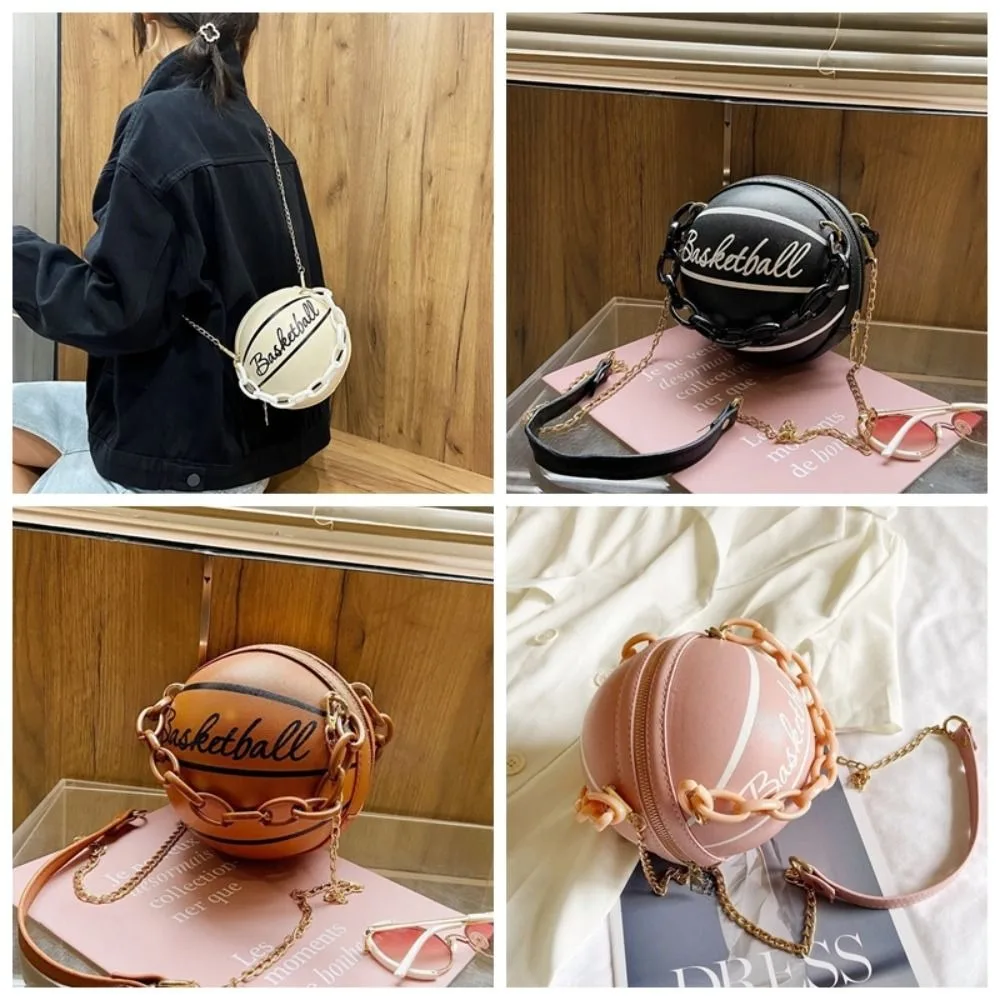 

Retro PU Leather Basketball Handbag Creative Coin Purse Round Crossbody Bag Small Zipper Sports Shoulder Bag Women
