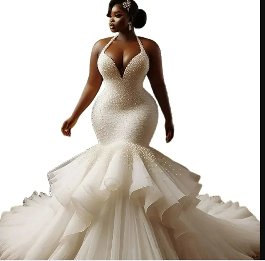 Maßgeschneidertes afrikanisches Neckholder-Hochzeitskleid mit glitzernden schweren Perlen und Meerjungfrau, Vestidos De Novia 2025, mehrschichtige Rüschen-Brautkleider