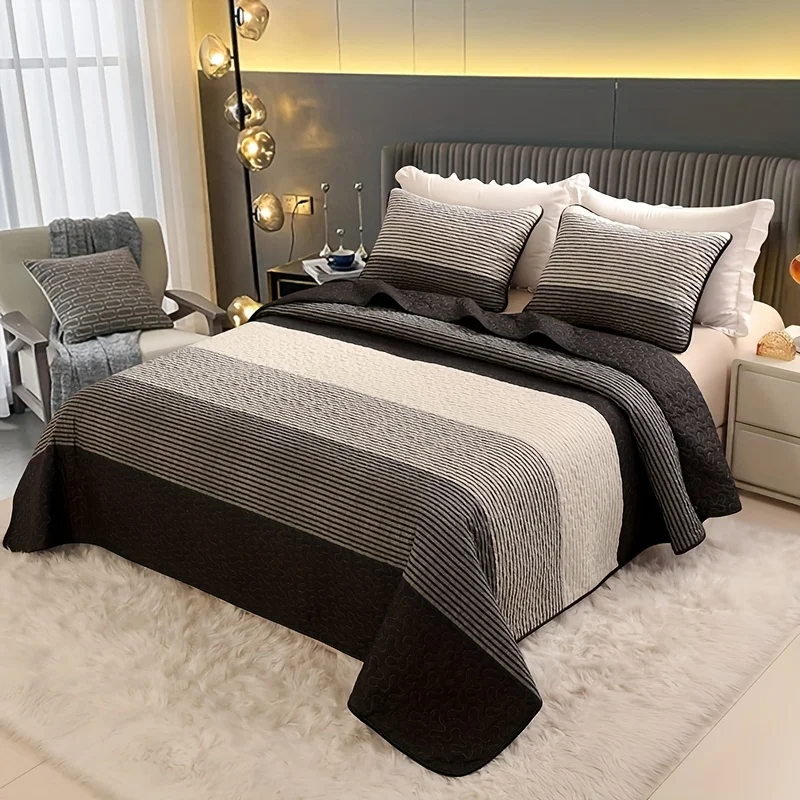 

3pcs Brushed Bedspread Set (1 Bedspread + 2 Pillowcases, Without Core) - Soft And Warm Black Grey And White Striped Quilted