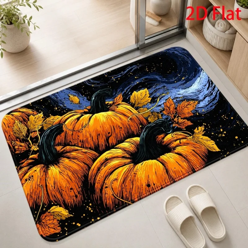 Welcome Sign Ghost Pumpkin Bat Printed Halloween Entry‑way Doormat, Spooky Holiday‑themed Floor Rug, Decorative Household Mat