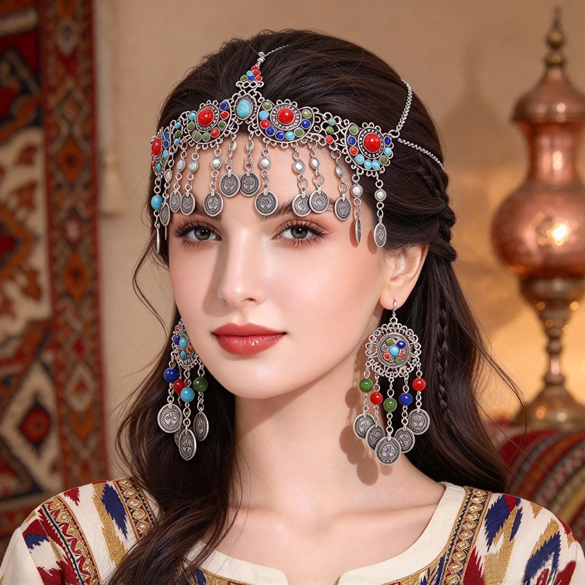 Vintage Silver Coins Tassel Ethnic Necklaces Earrings For Women Boho Alloy Geometry Bib Necklace Indian Kurdish Jewelry Set Gift