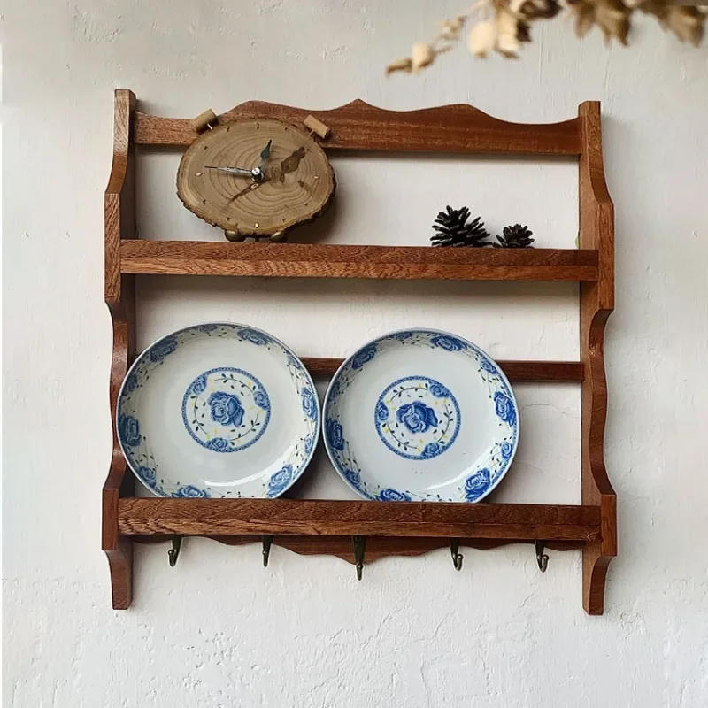 French Farmhouse Dish Rack Wall Shelf Vintage Coffee Shop Style Rustic Display for Plates Distressed Wood Kitchen Storage Decor