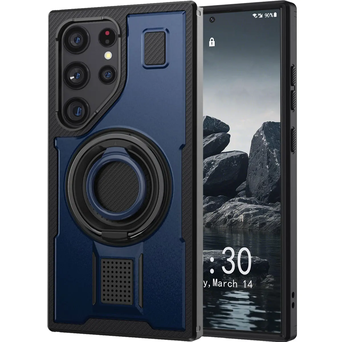 Para samsung galaxy s23 ultra 5g caso de telefone híbrido à prova de choque duplo anel kickstand áspero híbrido fino duro capa de telefone azul