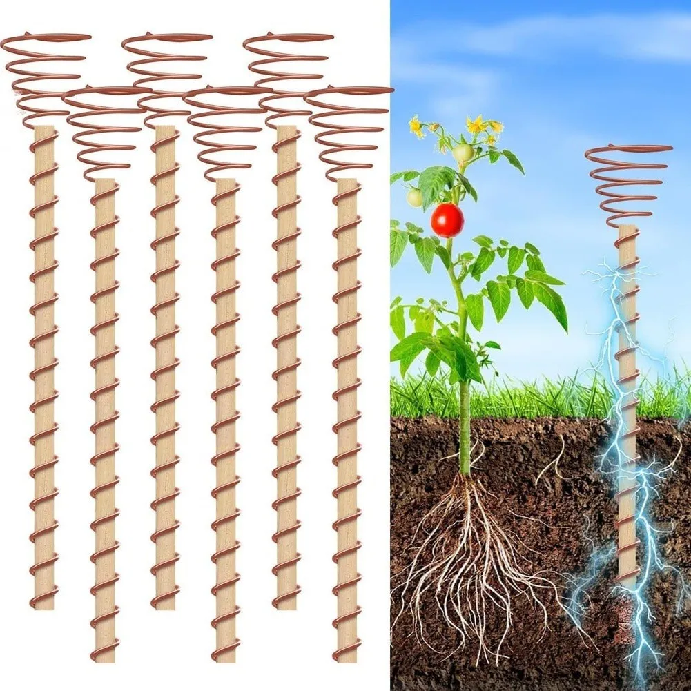 6Pcs Electroculture Plant Stakes 12'' Copper Coil Wire Antennas Garden Stakes Tensor Rings Kit For Growing Garden Plants Support