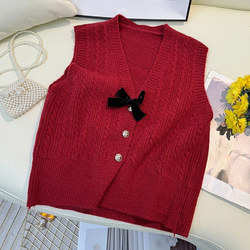 HELIAR Women Ribbed V-neck Buttons Up Cardigan Casual Knitted Vest Bowknot Sweet Sleeveless Sweater Vest Office Top Fall Winter