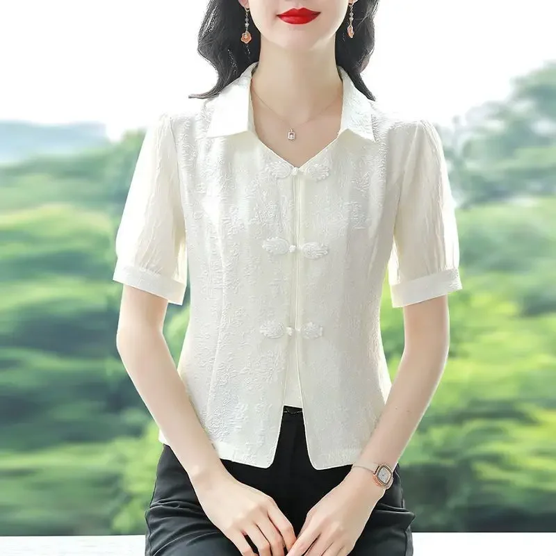 Chinese Style Frog Versatile White Temperament Simplicity Commuting Loose Fitting Generous Women's Short Shirt Summer 2024 B823