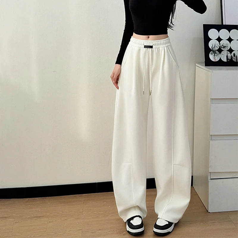 Pantalones de chándal de pierna ancha con cintura elástica Aamerican, pantalones de gran tamaño versátiles de Color sólido, pantalones deportivos grises con cordón clásico para mujer