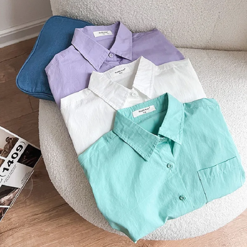 Fashion Baby Girl Boy Shirt Cotton Infant Toddler Child Loose Blouses Solid Color Spring Autumn Summer Baby Clothes 1-10Y