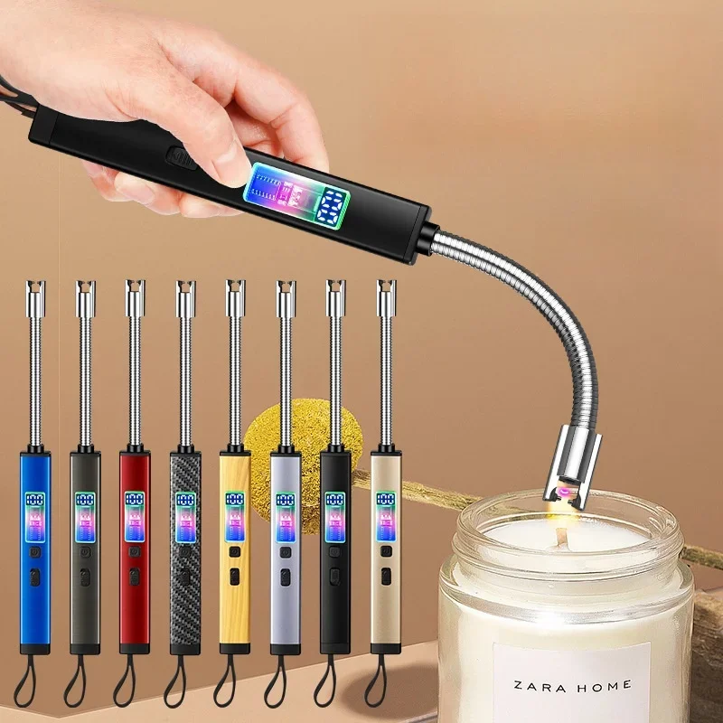 Metal Type-C Charging LED Display Pulse Arc Flameless Lighter Outdoor Windproof Portable Kitchen Candle Aromatherapy Lighter