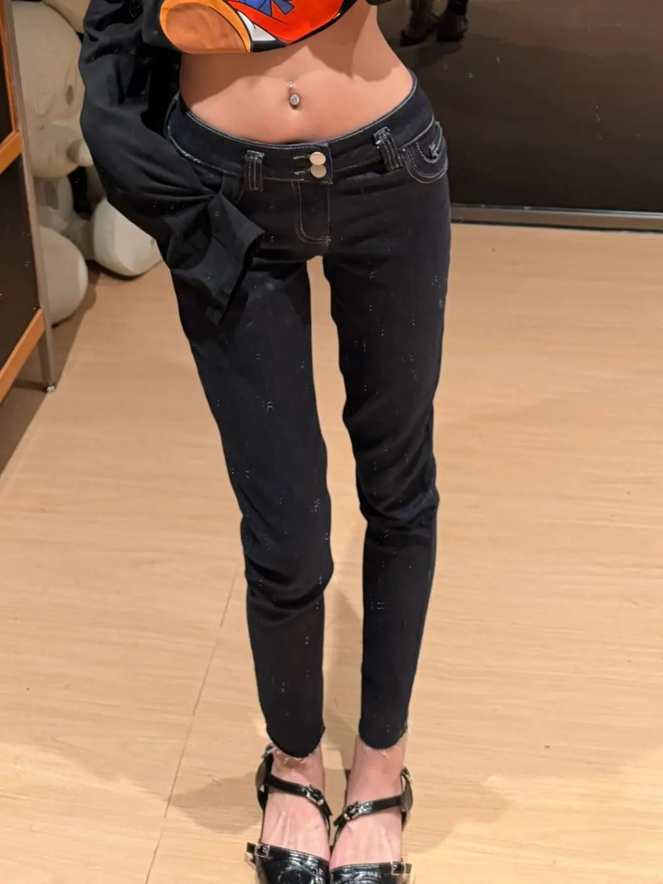 

Женские джинсы Slim Fit в корейском ретро-стиле с двойной синей вышивкой, длиной до щиколотки, с высокой талией, из эластичного хлопкового денима