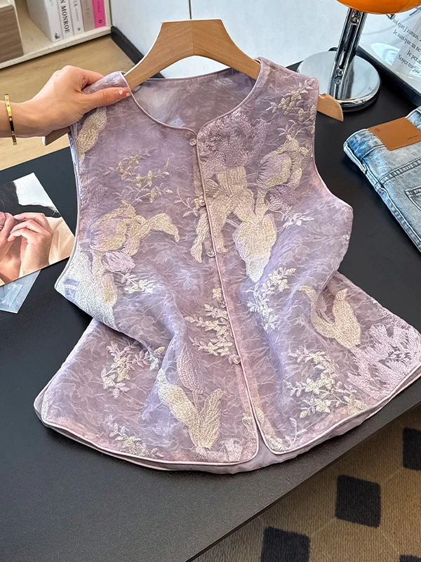 

New Chinese Style Embroidered Vest Young Women's Outerwear Elegance Tulle Daily Shoulder Pad Top round Neck Sleeveless